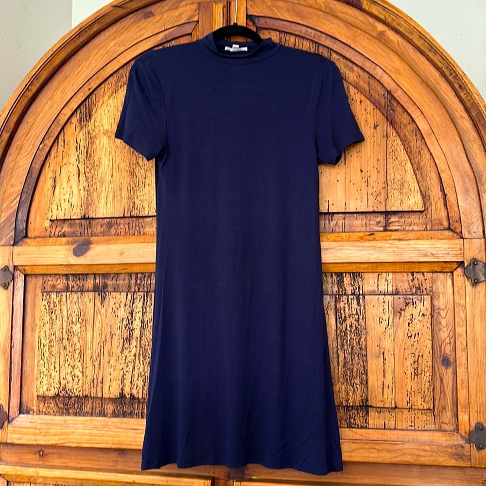 Navy Mock Neck Short Sleeve A Line Summer Dress Zenana Outfitters Blue